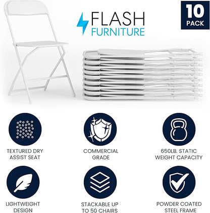 Flash Furniture Hercules Set of 10 Indoor/Outdoor Heavy-Duty Plastic Folding Chairs, Foldable Commercial Stacking Chairs with 650-lb. Static Weight Capacity, White