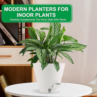 Self-Watering-Pots-for-Indoor-Plants, 8 Inch Flower Pots for Indoor Plants, 3 Pack Plastic Planters with Drainage Holes and Saucers