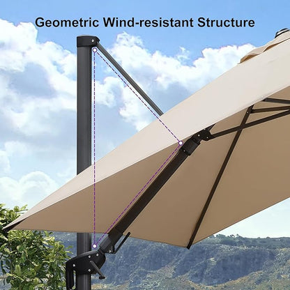 PURPLE LEAF 9' X 12' Right-left Tilt Patio Umbrella with Base Outdoor Cantilever Swivel Rectangle Umbrella Aluminum Offset Umbrella with 360-degree Rotation for Garden Deck Pool Patio Beige