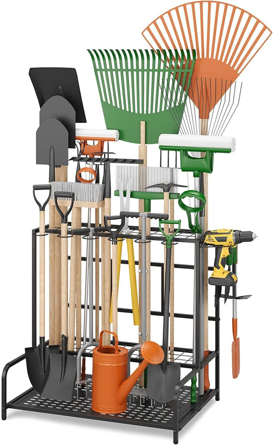 Garden Tool Organizer Rack Up to 39 Tools, Heavy-Duty Steel Yard Tool Organizer for Garage Storage with 12 Hooks, Broom Holder & Garden Tool Rack for Shed, Patio, Outdoor Storage, Black