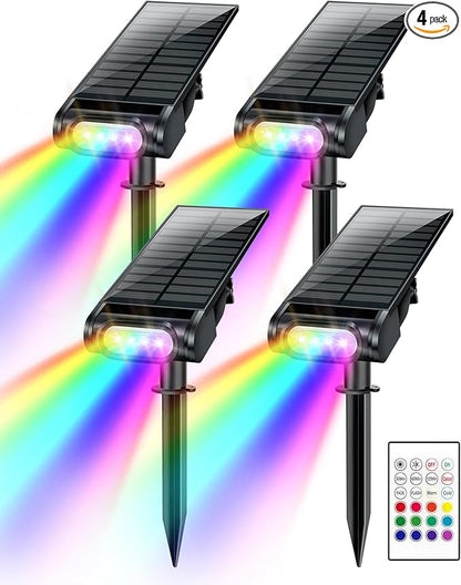 RGB Christmas Solar Spot Lights Outdoor, 12 RGB Color Modes Landscape Light Waterproof IP67 with Remote Control, 2-in-1 Color Changing RGB/Cool/Warm White for Yard Garden Christmas 4 Pack