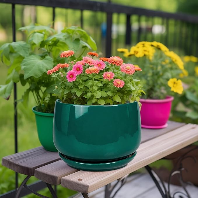 G EPGardening Ceramic Pots for Plants - 9 Inch Ceramic Planter for Indoor Plants, Round Planter with Drainage and Saucer, Modern Flower Pots for Outdoor, House Decor, Garden Gifts, Green