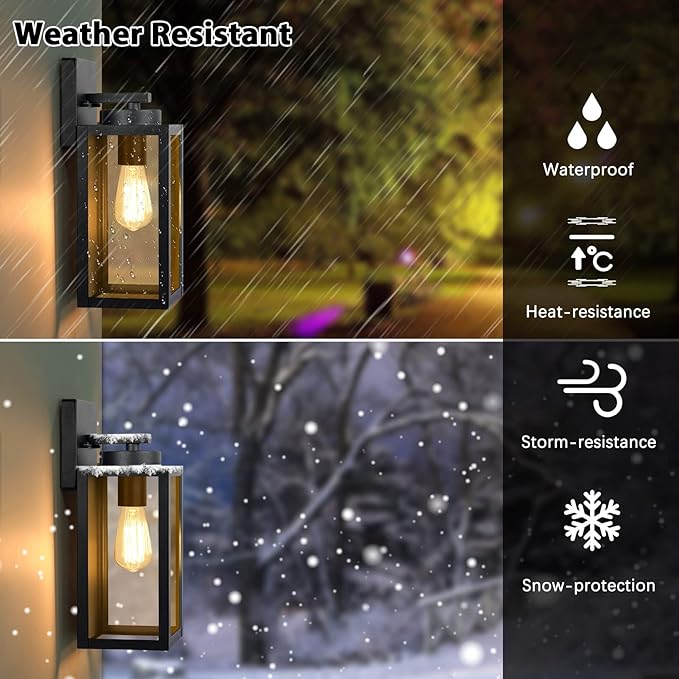 Outdoor Wall Light Fixtures, Exterior Waterproof Wall Lanterns, Porch Sconces Lighting with E26 Sockets & Glass Shades, Modern Matte Black Outside Lights for Patio Front Door Entryway Garage, 2-Pack