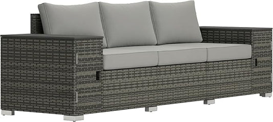 Outsunny 3 Seater Wicker Sofa with 2 Storage Side Tables and Thickened Cushions, Rattan Outdoor Patio Sofa with Wide Armrests, Wicker Outdoor Couch for Porch, Garden, Backyard, Gray