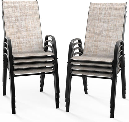VINGLI Patio Chairs Set of 8 – Stackable Outdoor Dining Chairs with Comfortable Sling High Back Chairs and Armrests for Lawn, Poolside, Courtyard, Balcony, Garden, Yellow