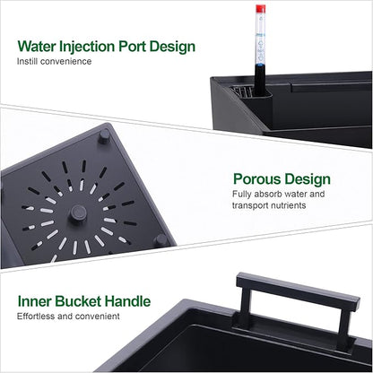 GarveeLife 22.5 in Tall Planters Set of 2, Outdoor＆Indoor Black Planter Pots, High Front Porch Planter Pots with Drainage Holes＆Water Level Monitor＆Inner Bucket, Automatic Watering, Black
