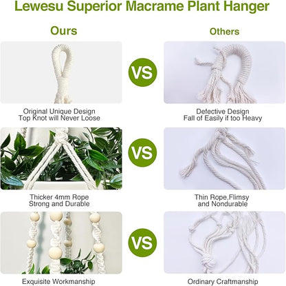 Macrame Plant Hanger Indoor Set of 4 with 8 Hooks, Indoor Outdoor Hanging Planter for Plants Holder with Decorative Wood Beads & No Tassels, Boho Home Decor, 35 Inch Ivory (Pots Not Included)