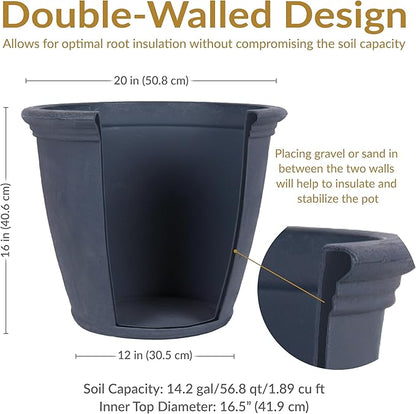 Sunnydaze 20-Inch Anjelica Large Plastic Pot for Plants - Outdoor Double-Walled Large Plastic Planter with Drillable Drainage Holes - Slate - 4pk