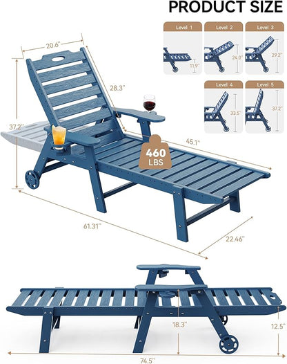 Carauci Lounge Chair Outdoor Set of 4, HDPE Chaise Lounge with Wheels, 5-Position Adjustable Backrest & 2 Cup Holders Patio Lounge Chair, All-Weather Pool Sun Lounger for Poolside, Backyard, Blue