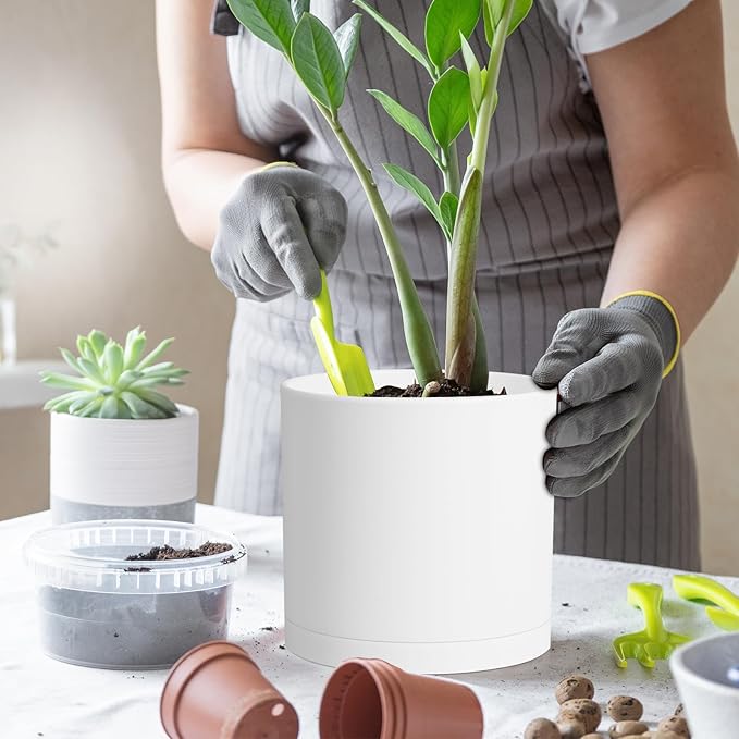 12 Inch Large Deep Flower Pots for Outdoor Indoor Plants, Cylinder Tall Plant Pots with Drainage Holes and Saucer, Big Decorative Plastic Planter Pots for Garden House Plants, White