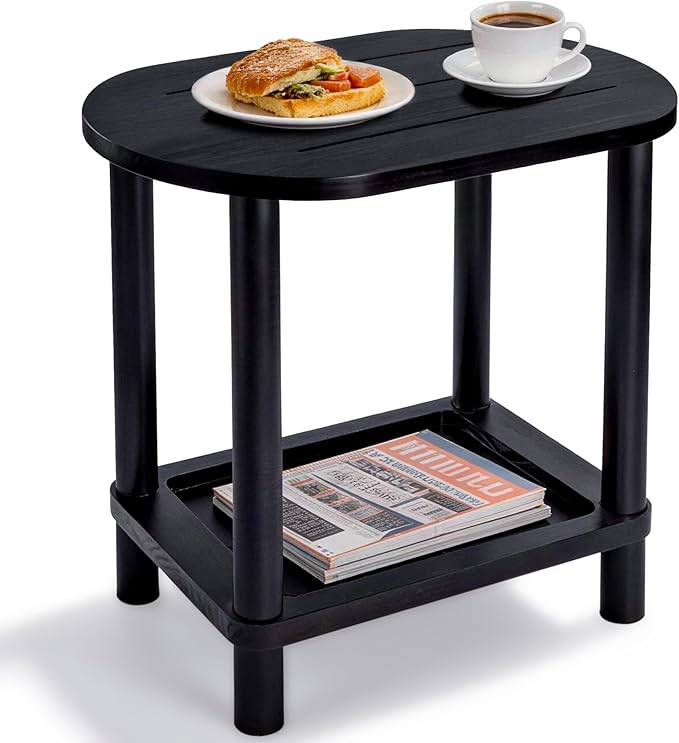 2 Tier Outdoor Side Table, Solid Wood Small Outdoor End Tables, Patio Table for Outside Backyard Balcony Porch Garden Lawn and Living Room, Weather Resistant & Easy Maintenance (Black)