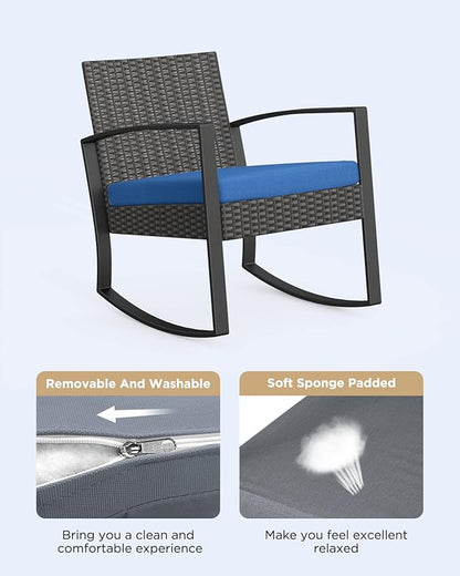 3 Piece Patio Bistro Set Patio Furniture Set Outdoor Wicker Rocking Furniture Conversation Set with Tempered Glass Coffee Table for for Front Porch Balcony and Deck (Blue Cushion)