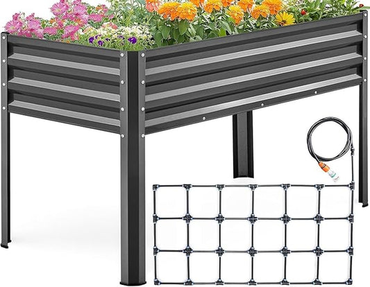 KING BIRD Raised Garden Bed with Irrigation System and Legs Galvanized Elevated Planter Box 48×24×31.5 in for Backyard, Patio, Balcony, 400lb Capacity, Dark Grey