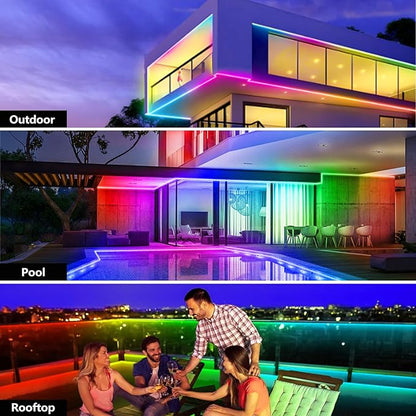 32.8FT Outdoor LED Strip Light Waterproof,IP68 Outside RGB+IC Light Strip with App/Remote Control,Chase Mode,Music Sync Rope Light for Balcony,Deck,Rooftop,Garden,Pool