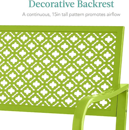 Best Choice Products Outdoor Bench 2-Person Metal Steel Benches Furniture for Garden, Patio, Porch, Entryway w/Geometric Backrest, 790lb Capacity - Lime Green
