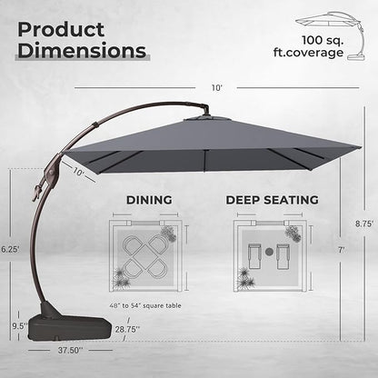 Grand patio Sunbrella 10x10 FT Cantilever Umbrella with Base Included Patio Square Aluminum Offset Umbrellas for Outdoor Pool (Charcoal, 10X10 FT-SUNBRELLA)