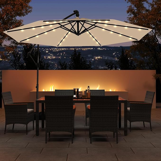 Tangkula 10ft Solar LED Patio Umbrella with Base, Offset Cantilever Outdoor Umbrella with 32 LED Lights, Infinite Tilt, 360 Degree Rotation, Crank Handle for Pool Deck Garden Backyard (Beige)