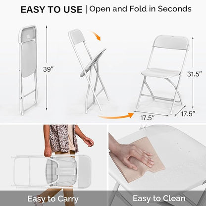 VINGLI 8 Pack White Plastic Folding Chair, Indoor Outdoor Portable Stackable Commercial Seat with Steel Frame 350lb. Capacity for Events Office Wedding Party Picnic Kitchen Dining