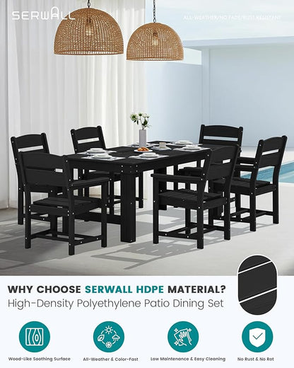 SERWALL Outdoor Dining Table Set, 67‘’ HDPE Patio Dining Set for 4, All-Weather Outdoor Table and Chairs Set for Deck, Black