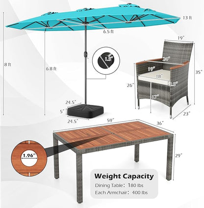 Tangkula 9 Piece Rattan Outdoor Dining Set with 13Ft Umbrella for 6, Outdoor Wicker Table Set with 6 Cushioned Armchairs, Acacia Wood Top, Outdoor Umbrella & with Base Included