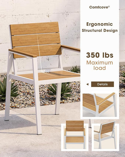Outdoor Patio Dining Set, Aluminum & HDPS 5 Piece Outdoor Table and Chairs Set with Umbrella Hole, Modren Rectangular Patio Furniture Set with All-Weather Table and 4 Chairs (White & Teak)