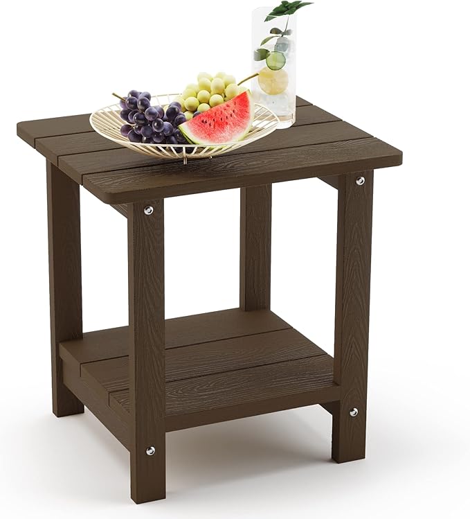 LUE BONA Adirondack Outdoor Side Table, 2-Tier Dark Brown HDPS Patio End Table Weather Resistant,Outdoor Morden Side Table for Patio, Pool, Porch