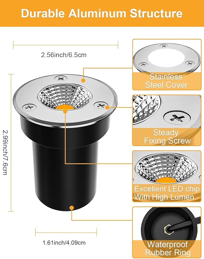 ZUCKEO Low Voltage Landscape Lights LED Well Lights 3W 12V-24V in Ground Light IP67 Waterproof Outdoor Low Voltage Landscape Lighting for Floor Driveway Deck Step Garden (8 Pack Warm White)