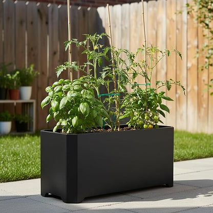 Steel Planter Box-32"x15"x15"-Rectangular Planters for Outdoor Plants, Black Matel Planter Box Raised Support Feet for Patio, Deck, Garden, Yard, Drain Holes, Easy Assembly