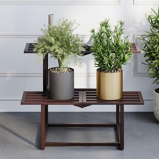 Metal Plant Stand, Foldable Heavy Duty Indoor, Window Iron Plant Shelf - Mid Century Modern Slatted Display for Patio, Garden, Living Room Load Bearing 330 lbs 26" L x 20.2" H x 17.7" W 2 Tier Coffee
