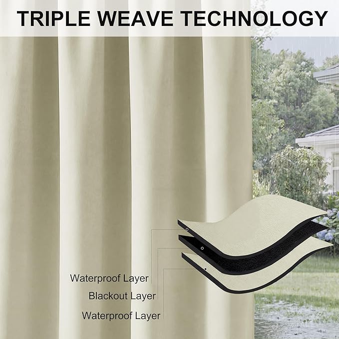 RYB HOME Extra Wide Outdoor Curtains for Patio Waterproof Heavy Duty Thermal Insulated in Summer Full Coverage Privacy for Porch, Cabana & Pool, W120 x L95, Beige, 1 Panel