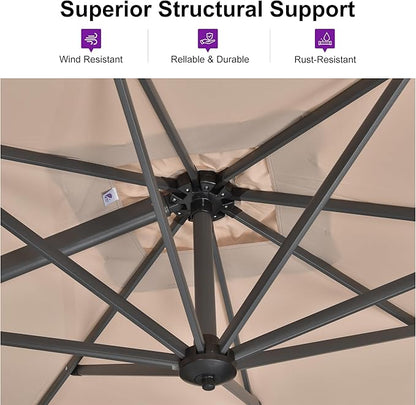PURPLE LEAF 11 Feet Patio Umbrella Outdoor Cantilever Round Umbrella Aluminum Offset Umbrella with 360-degree Rotation for Garden Deck Pool Patio, Beige