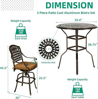 VIVIJASON 5-Piece Patio Swivel Bar Stools Set, All Weather Outdoor Cast Aluminum Bar Height Bistro Set with 4 Cushioned Bar Chairs & 35.4" High Bar Table w/Umbrella Hole for Backyard, Lawn, Garden