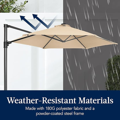 Best Choice Products 10ft Solar LED Offset Cantilever Hanging Market Patio Umbrella, Smooth 360° Rotation, 8 Sturdy Ribs, Easy Adjustment - Sand