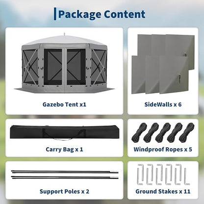 11.5x11.5FT 6-Sided Pop Up Gazebo Tent，One-Push Setup Canopy Tent with Mesh Panels & Removable Wind Cloths, Outdoor shelter for Camping, Backyard Parties, Outdoor Events - Grey