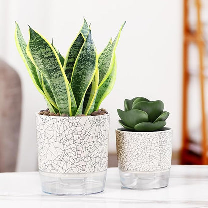 Self Watering Pots for Indoor Plants, 5 & 4 Inch Stylish Flower Pots, Set of 4 Modern Planters with Self Watering Plant Feature (Crack Texture)