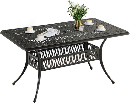 DWVO Cast Aluminum Outdoor Dining Table, 59'' Patio Table w/Max Bearing 220 LBS, Patio Dining Table with 2" Umbrella Hole and Adjustable Foot Pads for Garden, Backyard, Deck and Patio, Bronze