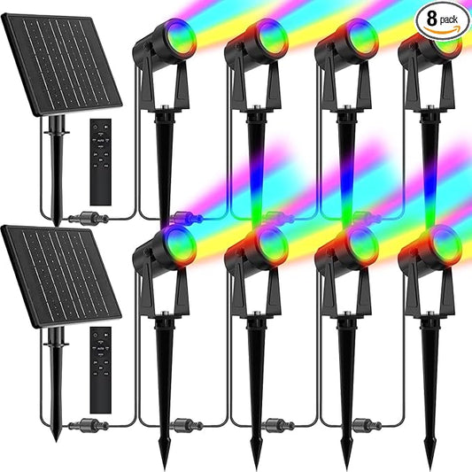 ZYAN Solar Color Changing RGB Spotlights with Remote, 12000mAh Separate Monocrystalline Panels & USB-C Powered, Auto On Off, Outdoor IP65 Waterproof for Patio Yard Path (100 Lumens × 8 Pack)