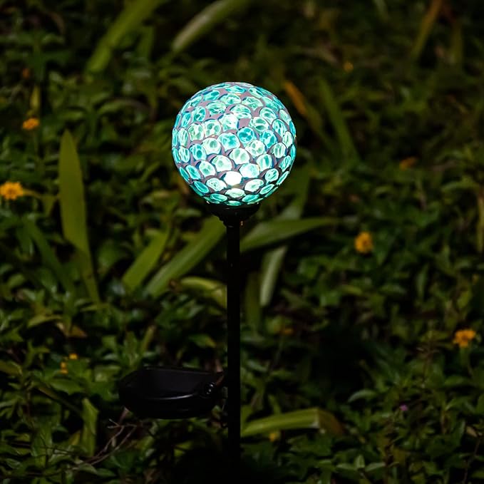 VCUTEKA Solar Lights - Outdoor Garden Decor Mosaic Solar Pathway Light Waterpoof LED Stake Light for Landscape Lawn Patio Yard Decoration (Blue) 1 Pack