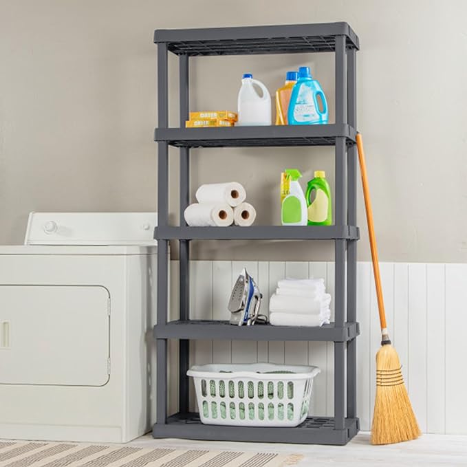Sterilite 4-Pack 5 Shelf Unit, Heavy-Duty Shelving Storage Rack for Home and Garage, Gray - Multipurpose Plastic Organizer Shelves for Smart Organization