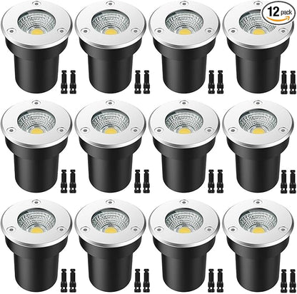 LED Landscape Lights, 12 Pack 7W Ground Lights With 24 Connectors, Low Voltage In-Ground Well Pathway Lighting, Daylight White, Waterproof for Driveway, Deck, Garden
