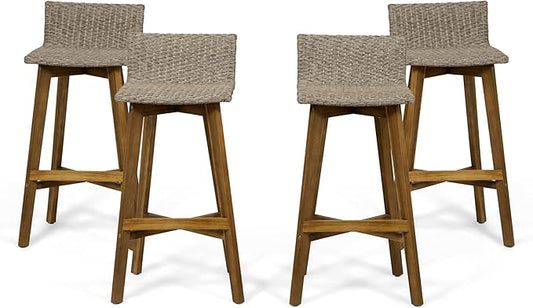 Christopher Knight Home La Brea Outdoor Acacia Wood and Wicker Barstools (Set of 4), Light Brown and Teak