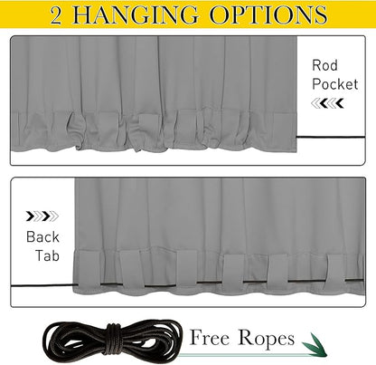 NICETOWN 2 Panels Outdoor Curtains for Patio Waterproof & Windproof, Thermal Insulated Top & Bottom Grommet & Back Tab Sun Blocking Outdoor Drapes with Fixed Rope for Gazebo, Silver Grey, W66 x L90