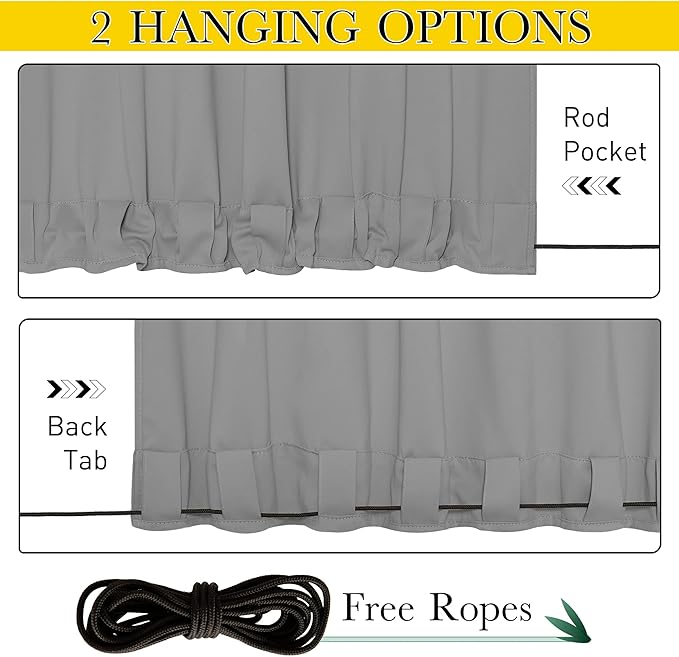 NICETOWN Outdoor Curtains for Patio Waterproof 2 Panels, W100 x L84 Windproof Grommet & Back Tab on Top & Bottom Thermal Insulated Sun Blocking Drapes with Rope for Deck, Silver Grey