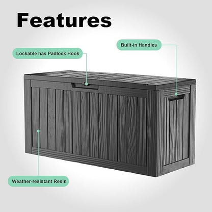86 Gallon Outdoor Deck Box, Lockable Waterproof Outdoor Storage Boxes For Garden Tools,Indoor Cushions,Accessories Outside Storage Resin Weatherproof Container(Black)