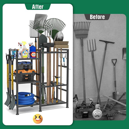 keomaisyto Garden Tool Organizer for Garage Organization, 3 Tier Yard Tool Storage Rack with 35 Long-Handled Tool Slots, Heavy Duty Garden Tool Holder with Large Hooks for Shed, Yard, Garage