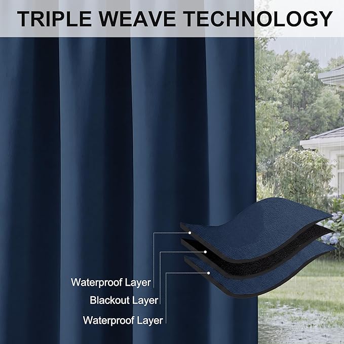 RYB HOME Extra Wide Outdoor Curtains for Patio Waterproof Heavy Duty Thermal Insulated in Summer Full Coverage Privacy for Porch, Cabana & Pool, W150" x L84", Navy Blue, 1 Panel