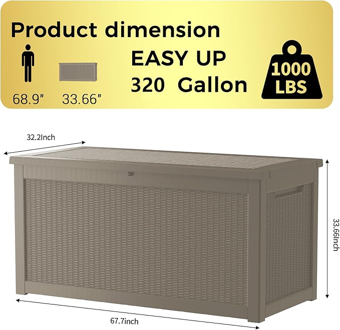 TARKARI 320 Gallon Lockable Resin Deck Box, Waterproof & UV-Resistant Outdoor Storage Box for Outdoor Cushion Storage, Garden Tools & Pool Accessories Storage, Gray