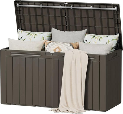 Flamaker Resin Deck Box 100 Gallon Large Lockable Outdoor Storage Box Waterproof for Patio Cushions, Tools, Pool Accessories (Deep Brown)