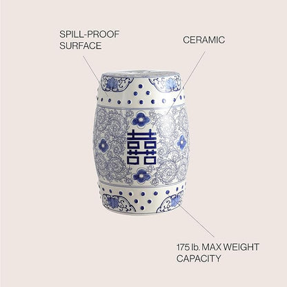 JONATHAN Y TBL1013A Double Happiness 18" Chinoiserie Ceramic Drum Indoor/Outdoor Garden Stool Bohemian, Coastal, Classic, Cottage, French Country, Traditional, Bathroom, Garden Room, Patio, Blue/White