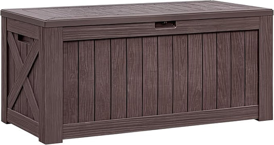 Flamaker Resin Deck Box 120 Gallon Waterproof Large Outdoor Indoor Storage Box Imitation Wood Resin for Patio Furniture Garden Tools and Pool (Deep Brown)